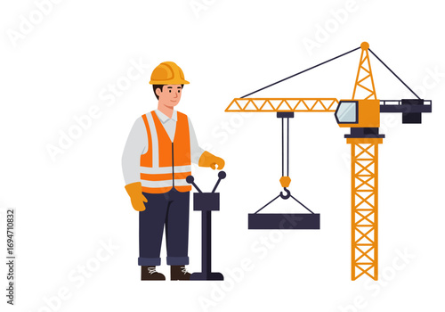 Cartoon crane operator in hard hat controls crane lifting block