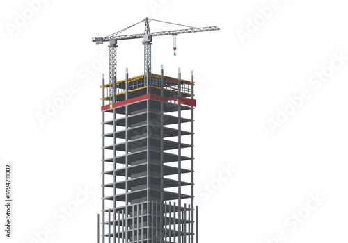 Construction site with building frame and cranes
