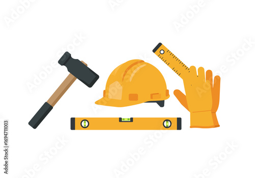 Construction tools hammer hard hat level ruler and gloves