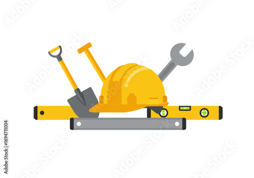 Construction tools hard hat shovel wrench level against a white backdrop