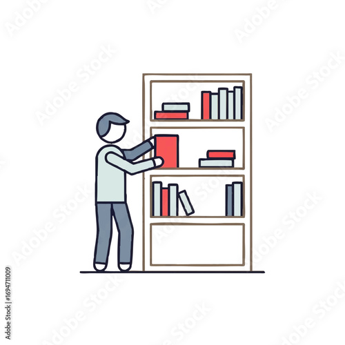 Person organizing books on bookshelf, ideal for library, education, or knowledge concepts