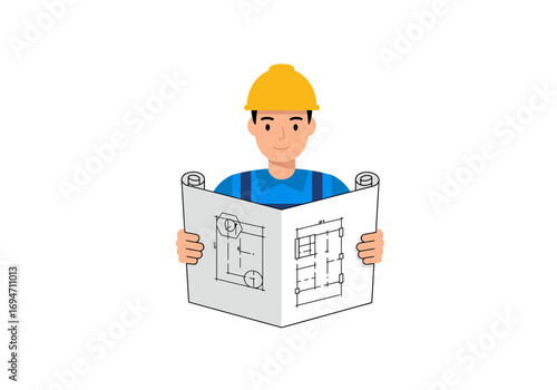 Construction worker in hard hat reading blueprint schematic on white background