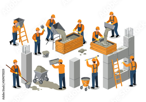 Construction site with workers pouring concrete into structures