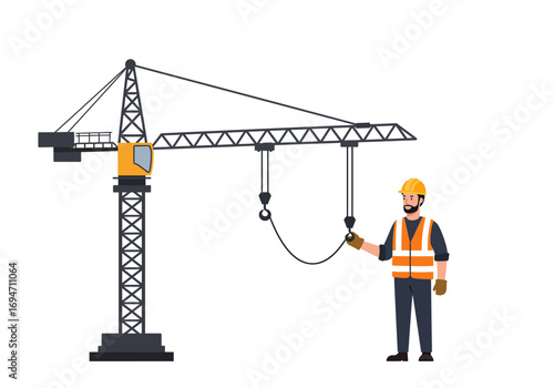 Construction worker stands near a crane with two hooks