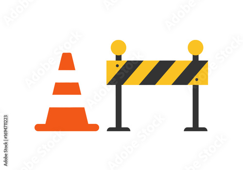 Illustration of a construction cone and a safety barrier both with distinctive geometric shapes