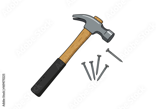 Hammer and nails A grey hammer lies near a small pile of grey nails