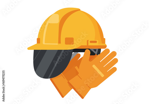Illustration Yellow hard hat with face shield and orange gloves on a white background