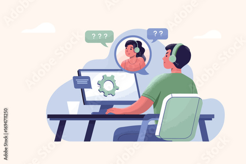 Call center concept with people scene in the flat cartoon design. A call center employee listens to a client on the phone. 