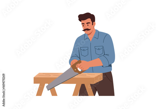 Man sawing wood on a sawhorse wearing a blue shirt and sporting a mustache