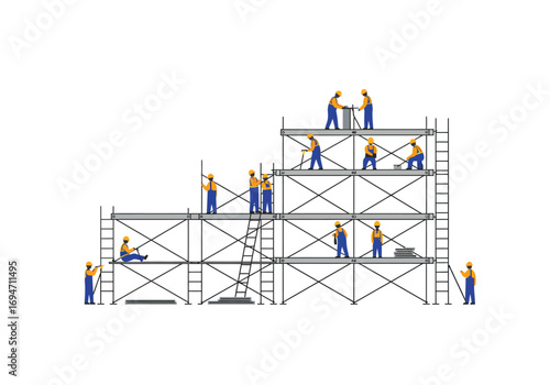 Scaffolding structure with construction workers in helmets and blue overalls