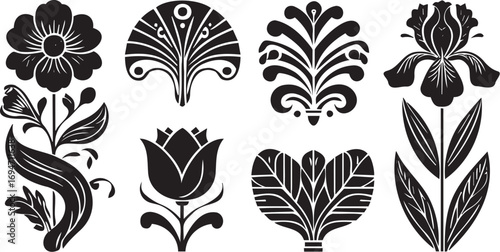 A collection of intricate black and white floral designs showcasing various flower patterns and shapes.