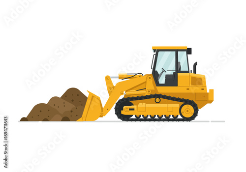 Yellow bulldozer scoops soil isolated on white background