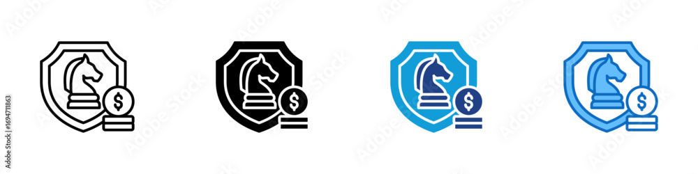 Fototapeta premium Secure Strategy Multiple Style Icon Design Vector - Shield with chess knight and dollar symbol, representing secure financial planning or business strategy
