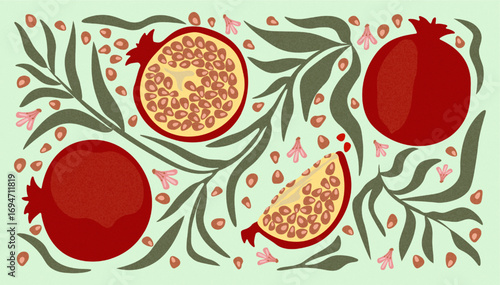 Vector illustration with whole and cut pomegranate, seeds, leaves, flowers. Bright design for holiday, textile, greeting card, and seasonal background use adn for Rosh Hashanah Shana Tova Holiday