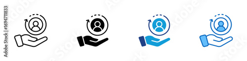 Customer Care Multiple Style Icon Design Vector - hand holding a user avatar encircled by a rotating arrow. Symbolizes customer care, user retention, and personalized service