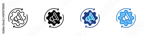 Marketing Automation Multiple Style Icon Design Vector - megaphone inside a gear with circular arrows, indicating automated marketing workflow or system