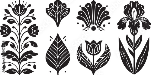 A set of artistic black and white floral patterns, highlighting a variety of flowers in a monochromatic style.