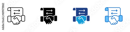 Partnership Agreement Multiple Style Icon Design Vector - handshake in front of a document with two opposing arrows. Represents partnership agreement, mutual understanding, and contract negotiation