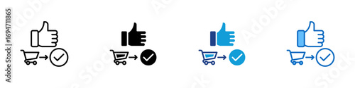 Purchase Approval Multiple Style Icon Design Vector - thumbs-up with cart and check mark, illustrating accepted or approved purchase order