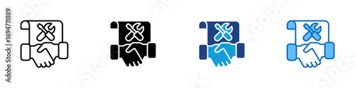 Service Agreement Multiple Style Icon Design Vector - Handshake under a service contract scroll, representing maintenance agreement or partnership terms