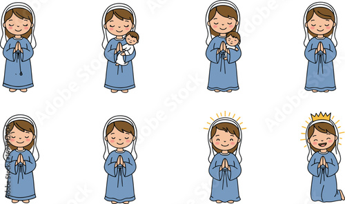 Illustrations of virgin mary in various poses on transparent background