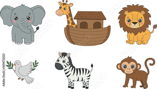 Cartoon animals including elephant, giraffe in ark, lion, dove, zebra, and monkey on transparent background