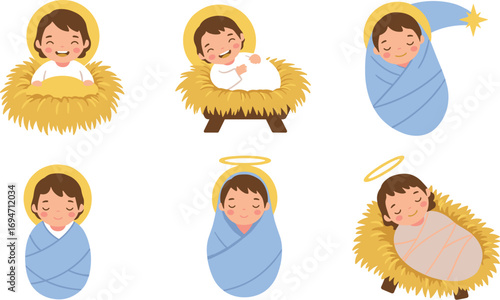 Cartoon illustrations of baby jesus in a manger or swaddled on transparent background