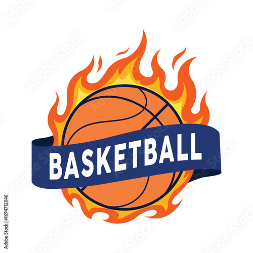 Fiery basketball emblem with championship ribbon