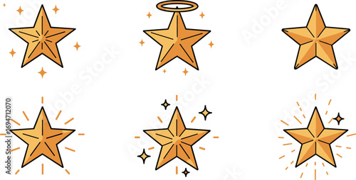 Illustration of six golden stars with different designs on transparent background