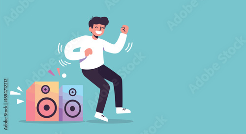 Cartoon man dancing next to speakers on transparent background