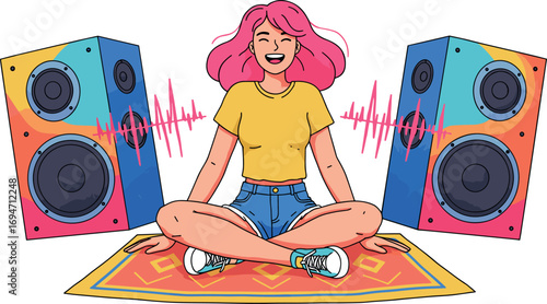 Cartoon woman with pink hair sitting cross-legged between two large speakers on transparent background