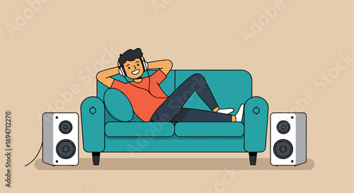 Cartoon man relaxing on couch with headphones and speakers on transparent background