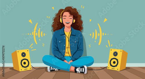 Woman with headphones sitting cross-legged between two speakers on transparent background