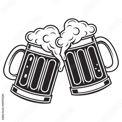 Beer mugs toasting silhouette vector design for celebration, party, cheers, pub, Oktoberfest, and drink-themed decoration. hand drawn vector illustration of a beer bottle and beer