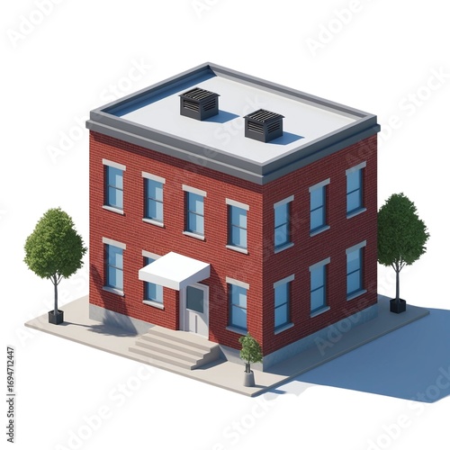 Low-Poly Red Brick Building