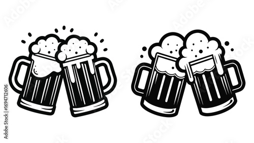 Beer mugs toasting silhouette vector design for celebration, party, cheers, pub, october fest and drink-themed decoration. hand drawn vector illustration of a beer bottle and beer