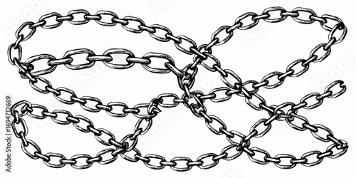 Interconnected metal chains forming a complex pattern on a white background