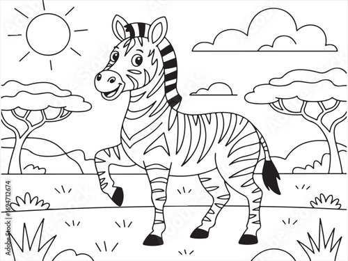 Printable Zebra and Nature Landscape Coloring Page for Children