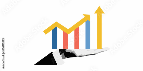 Hand holding a bar chart with upward trending arrows symbolizing financial growth and success