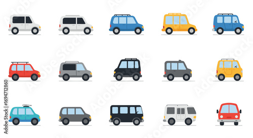 Colorful collection of minimalist flat cars in various styles and colors