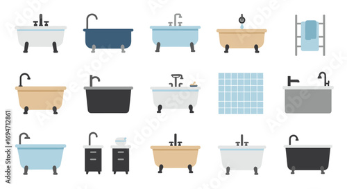 Flat style bathroom fixtures collection featuring bathtubs and sinks
