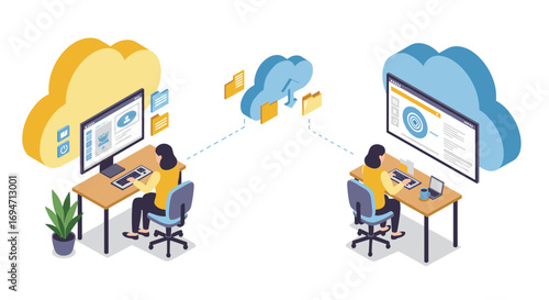 Cloud computing network concept with people collaborating online in isometric style