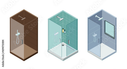Isometric shower stalls in different styles: wood, tile, glass designs