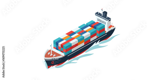 Isometric cargo ship with colorful containers on sea
