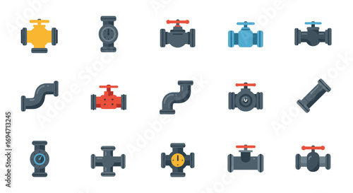 Collection of colorful industrial pipe icons featuring valves and fittings in flat style