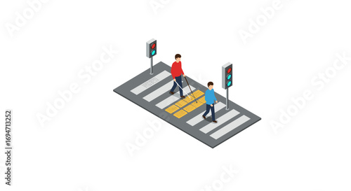 Isometric city crosswalk with two pedestrians and traffic lights