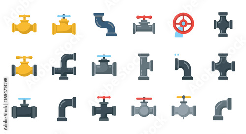 Colorful plumbing pipe icon set with various valve designs and shapes