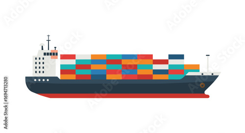 Colorful container ship on white background in minimal flat style