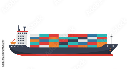 Colorful cargo containers on ship in flat design