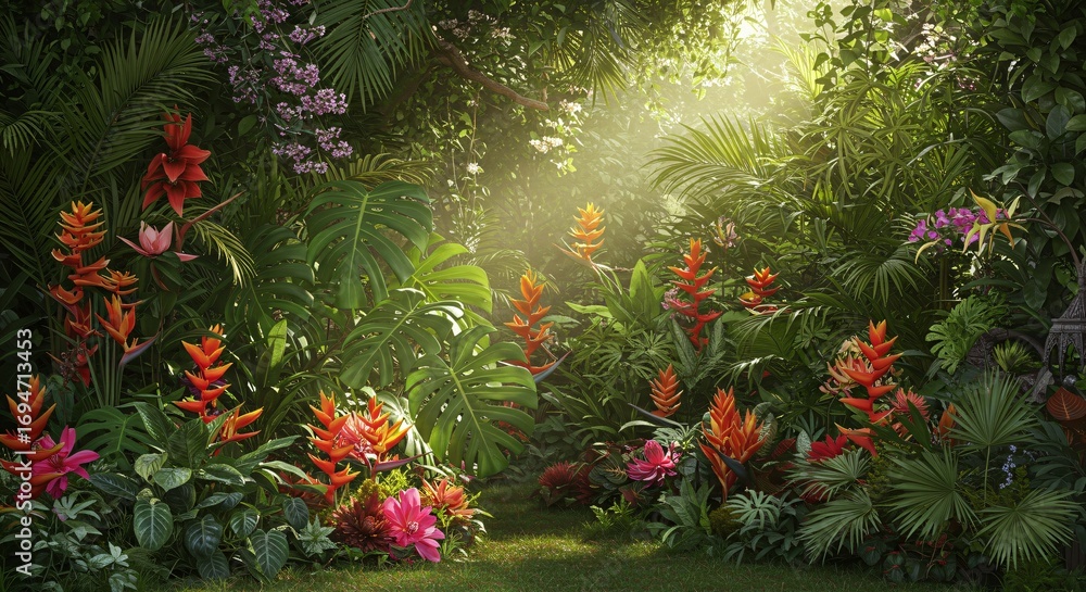 Fototapeta premium Tropical leaves and exotic flowers border with bright sunlight behind. Lush foliage with copy space for summer background design.